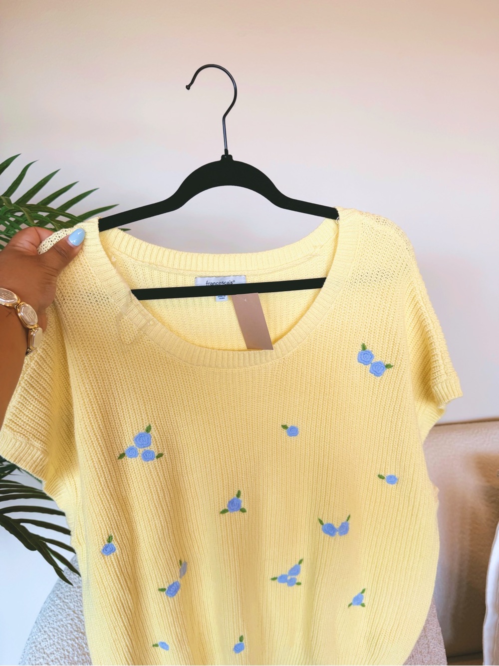 Francesca’s Yellow Knit Top with Blue Floral Embroidery
